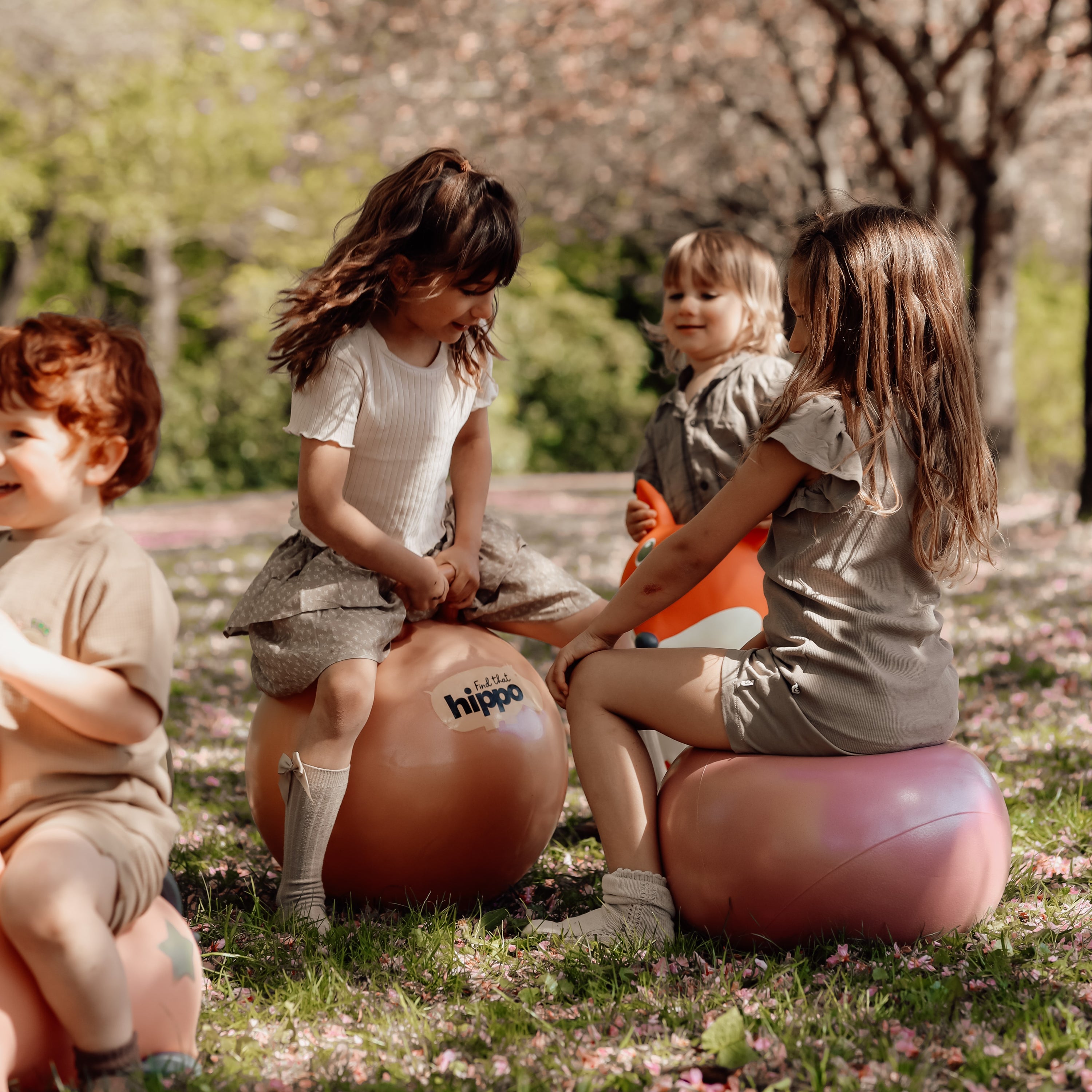 Cuatro niños sentados en pelotas saltarinas al aire libre – Encuentra a ese hipopótamo