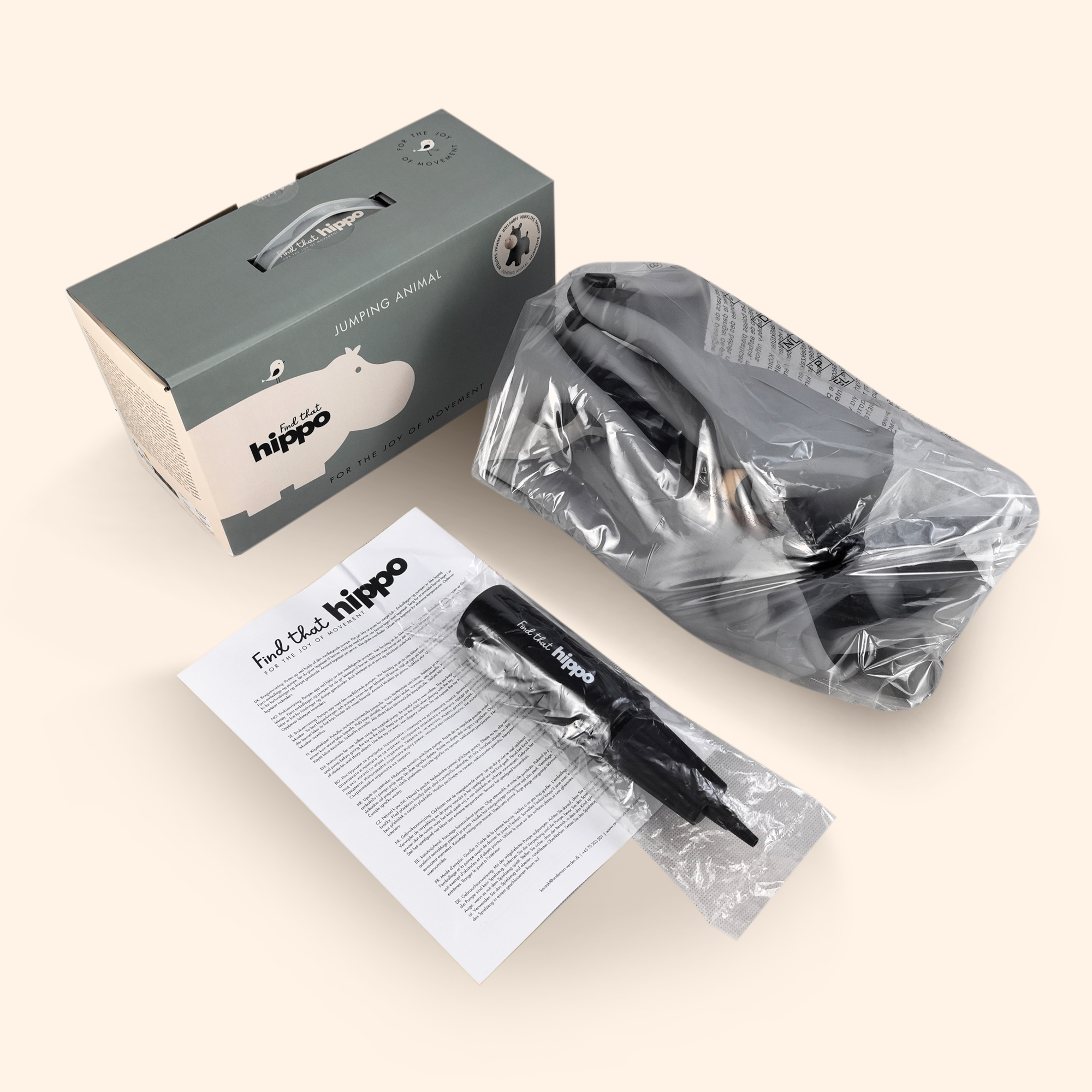 Packaging set for Holger the bouncing hippo toy with branded box and pump – Find That Hippo