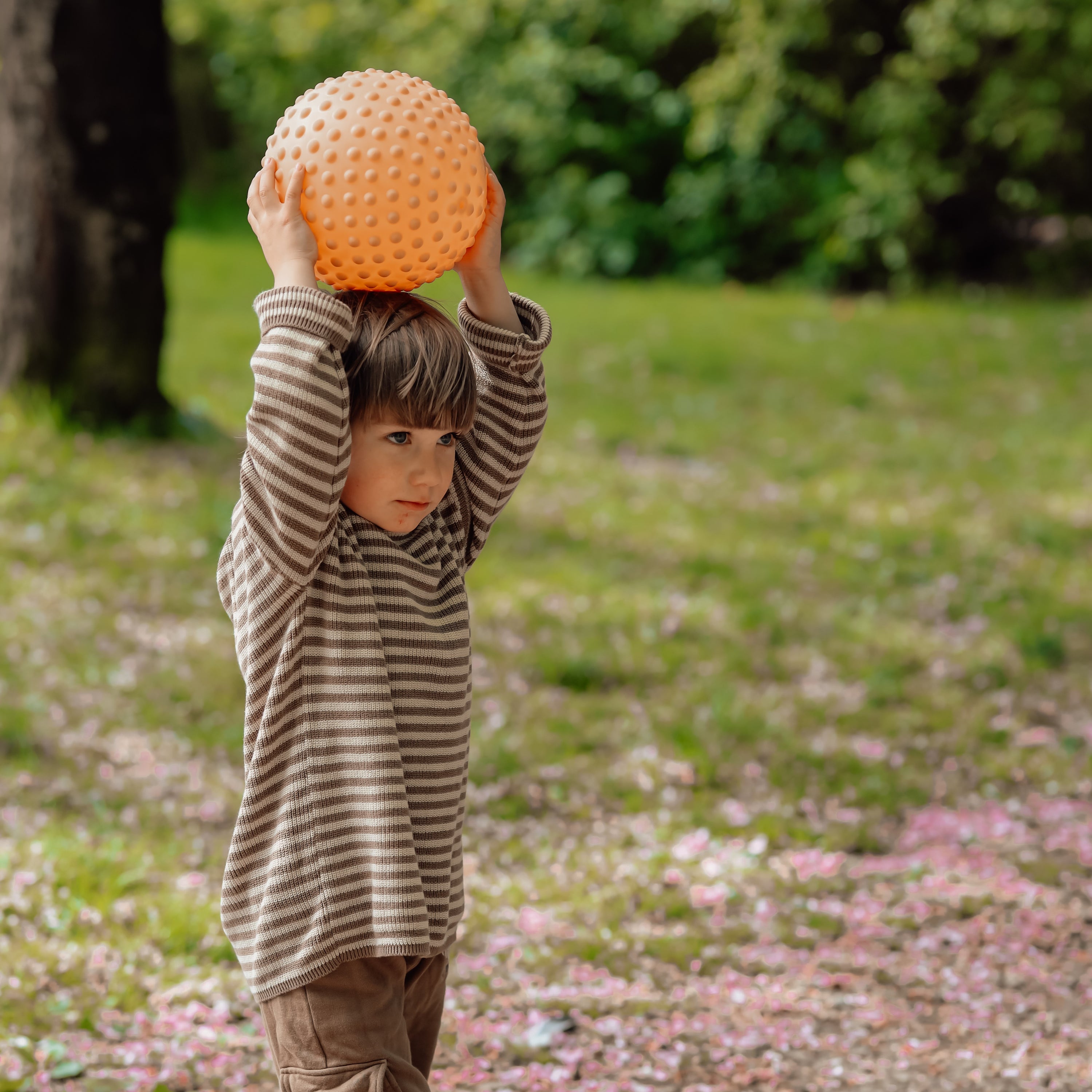 Child holding large muted orange sensory ball over their head in a park – Find That Hippo