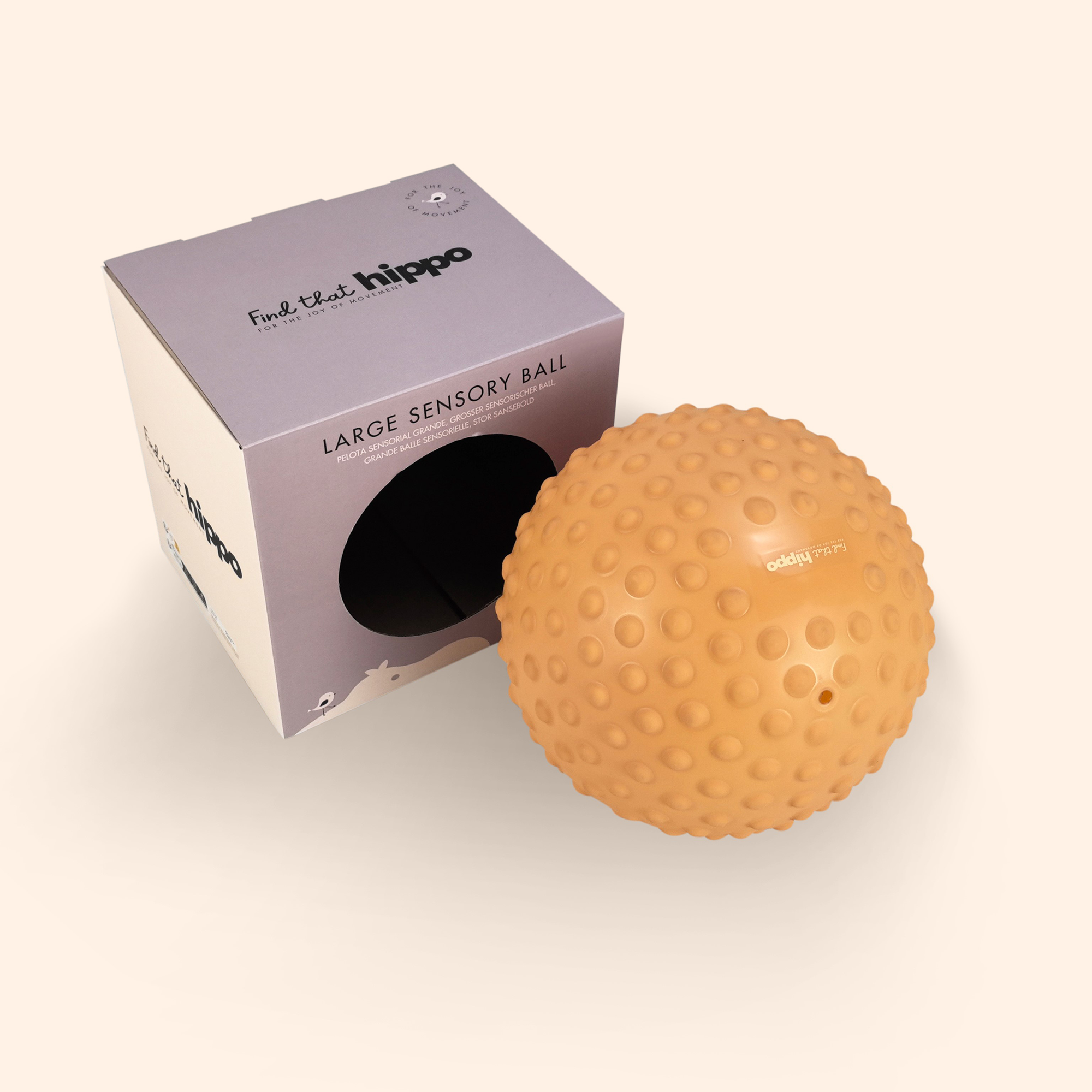 Product box with large muted orange sensory ball displayed beside it – Find That Hippo
